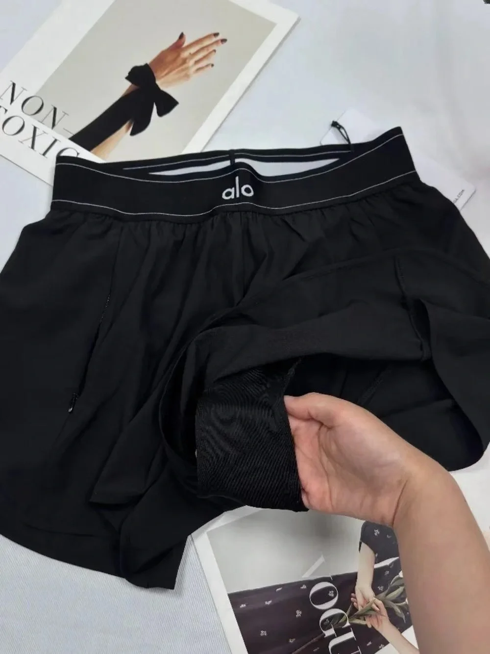 ALO Yoga Black Mini Skirt-Style Athletic Shorts with Logo Waistband